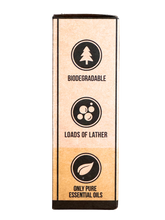 Biodegradable soap bar with branding on a white background