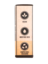 Product packaging with 'Vegan', 'Moisture Rich', and 'Compostable Packaging' labels on a white background