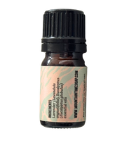 Essential oil bottle with a label on a white background